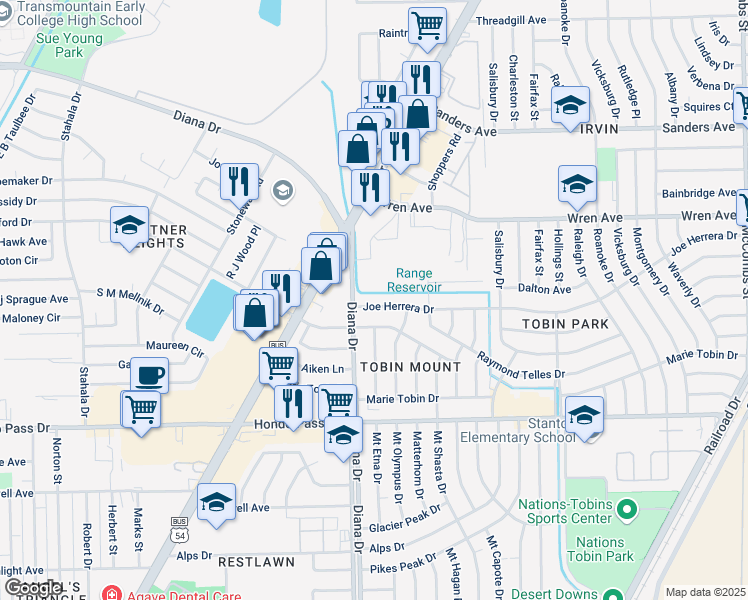 map of restaurants, bars, coffee shops, grocery stores, and more near in El Paso
