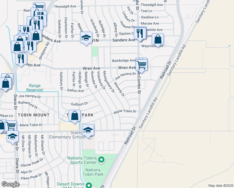 map of restaurants, bars, coffee shops, grocery stores, and more near 9233 Montgomery Drive in El Paso