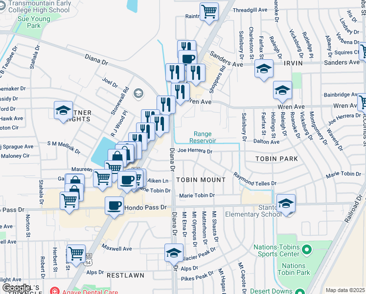 map of restaurants, bars, coffee shops, grocery stores, and more near in El Paso