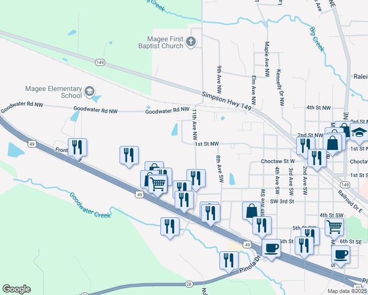 map of restaurants, bars, coffee shops, grocery stores, and more near 301 Rebecca Ave in Magee