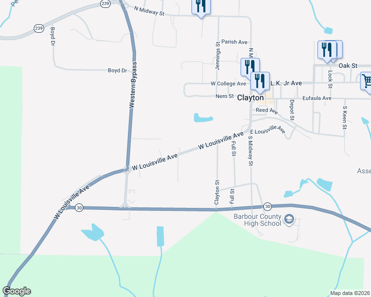 map of restaurants, bars, coffee shops, grocery stores, and more near 95 West Louisville Avenue in Clayton