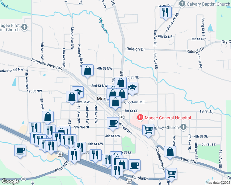 map of restaurants, bars, coffee shops, grocery stores, and more near 211 1st Avenue Northeast in Magee