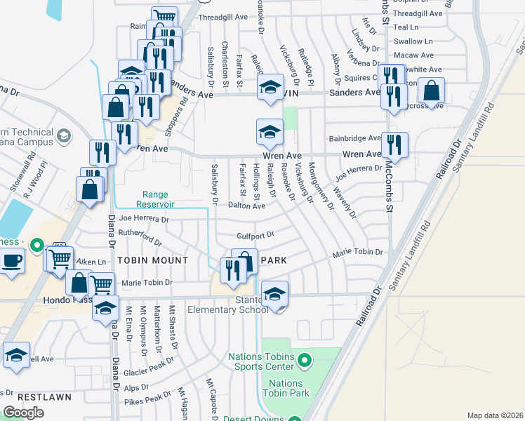map of restaurants, bars, coffee shops, grocery stores, and more near 9303 Hollings Street in El Paso