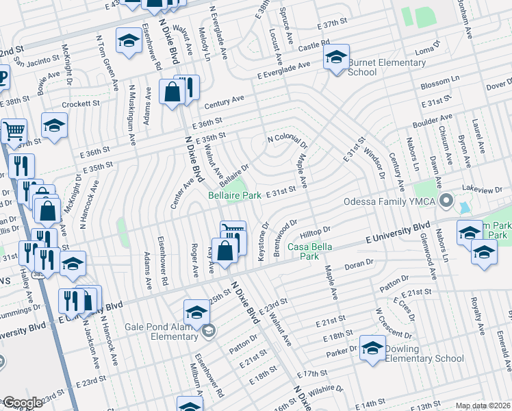map of restaurants, bars, coffee shops, grocery stores, and more near 2704 East 31st Street in Odessa