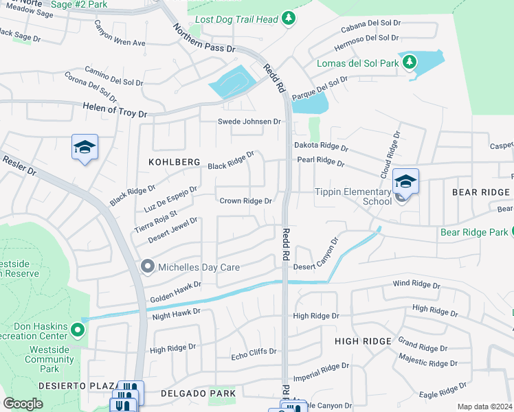 map of restaurants, bars, coffee shops, grocery stores, and more near 6940 Crown Ridge Drive in El Paso