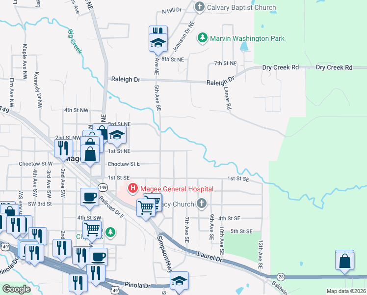 map of restaurants, bars, coffee shops, grocery stores, and more near 705 1st Street Northeast in Magee