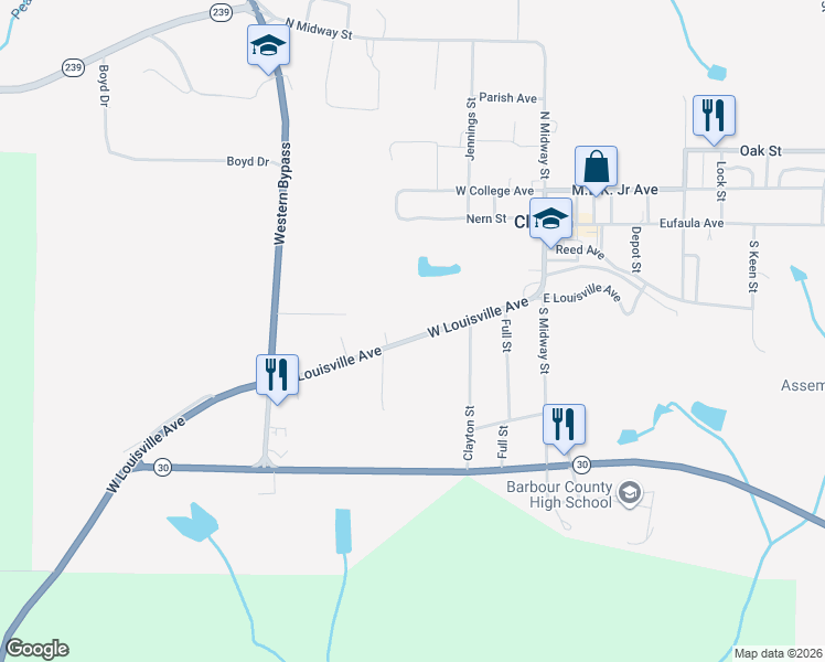 map of restaurants, bars, coffee shops, grocery stores, and more near 95 West Louisville Avenue in Clayton