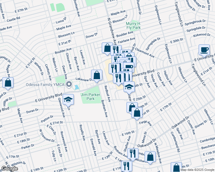 map of restaurants, bars, coffee shops, grocery stores, and more near 2516 Redbud Avenue in Odessa