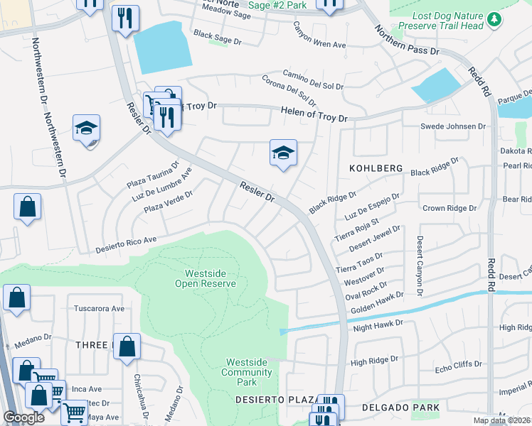 map of restaurants, bars, coffee shops, grocery stores, and more near 7701 Nardo Goodman Drive in El Paso