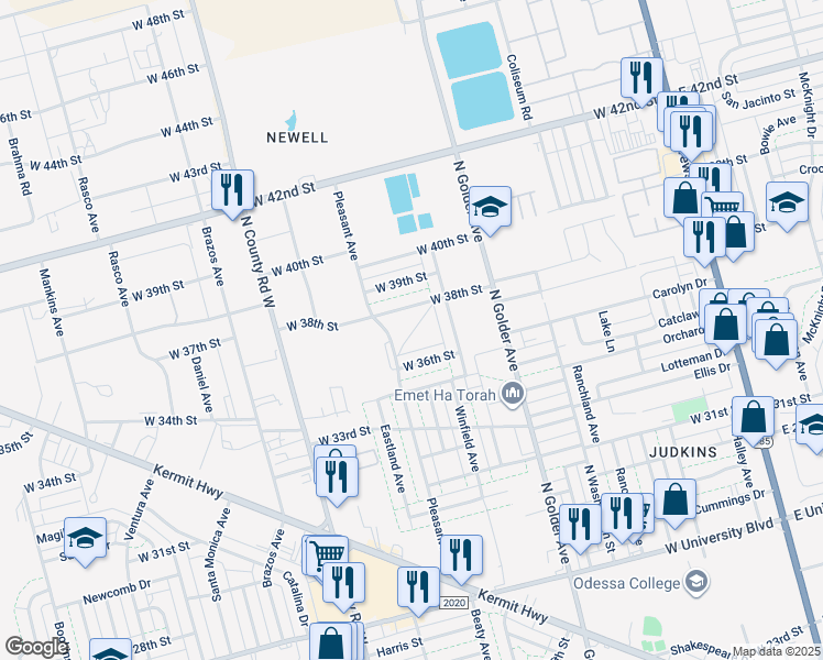 map of restaurants, bars, coffee shops, grocery stores, and more near 903 W 38th St in Odessa