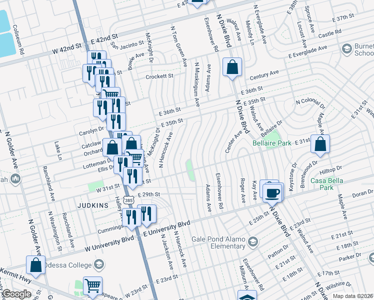 map of restaurants, bars, coffee shops, grocery stores, and more near 3126 N Tom Green Ave in Odessa