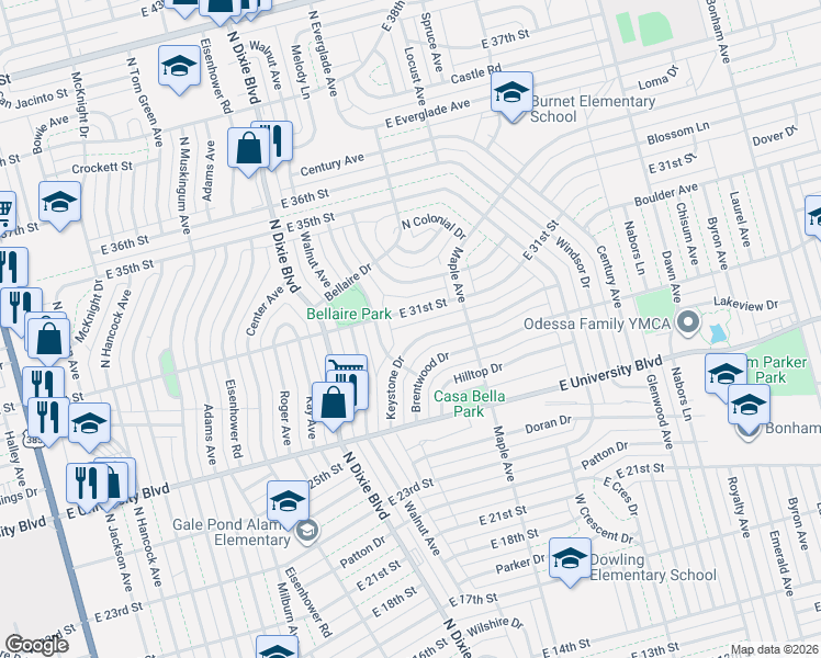 map of restaurants, bars, coffee shops, grocery stores, and more near 2718 East 31st Street in Odessa