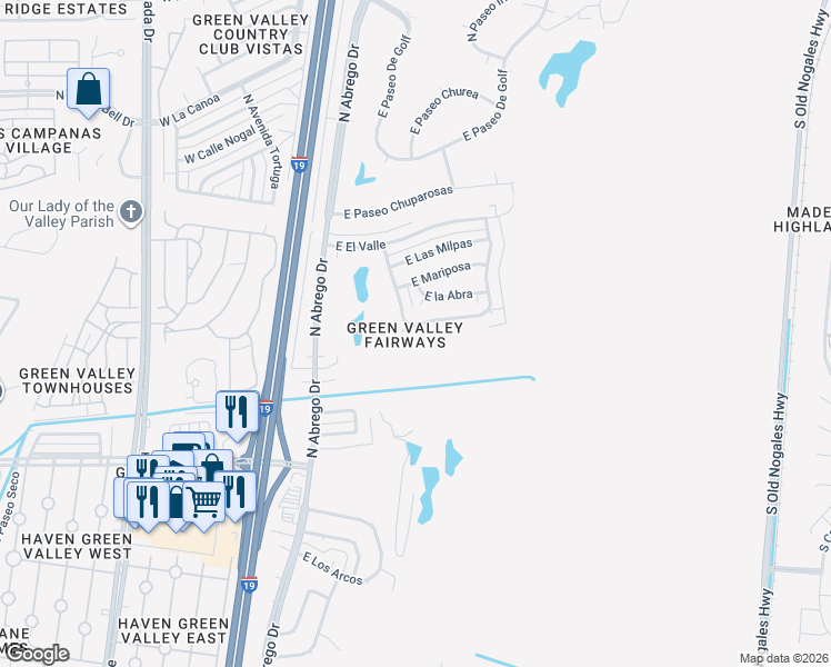 map of restaurants, bars, coffee shops, grocery stores, and more near 251 East Los Rincones in Green Valley