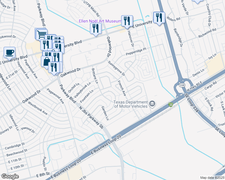 map of restaurants, bars, coffee shops, grocery stores, and more near 30 Preston Oaks Cir in Odessa