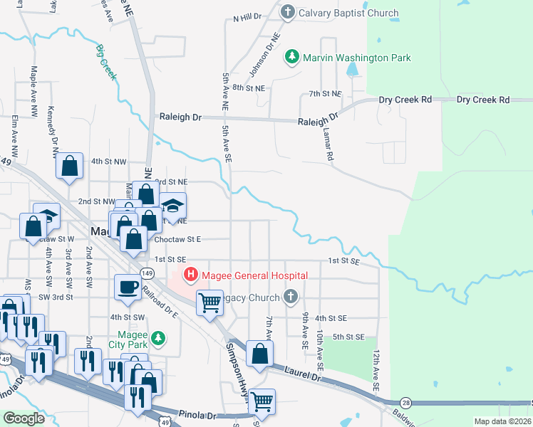 map of restaurants, bars, coffee shops, grocery stores, and more near 705 1st Street Northeast in Magee