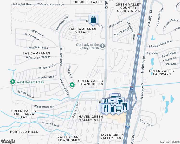 map of restaurants, bars, coffee shops, grocery stores, and more near 301 North Calle Del Diablo in Green Valley
