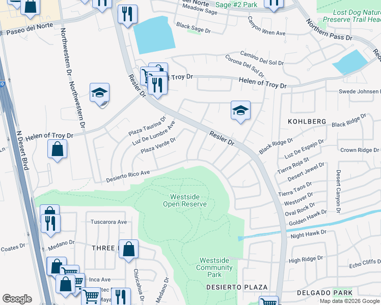 map of restaurants, bars, coffee shops, grocery stores, and more near 7745 Luz De Camino Way in El Paso