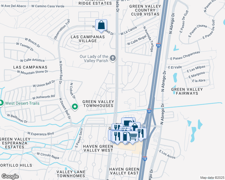 map of restaurants, bars, coffee shops, grocery stores, and more near 316 West Calle de Las Flores in Green Valley