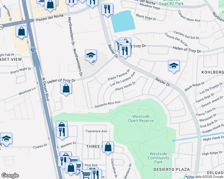 map of restaurants, bars, coffee shops, grocery stores, and more near 7520 Luz De Lumbre Avenue in El Paso