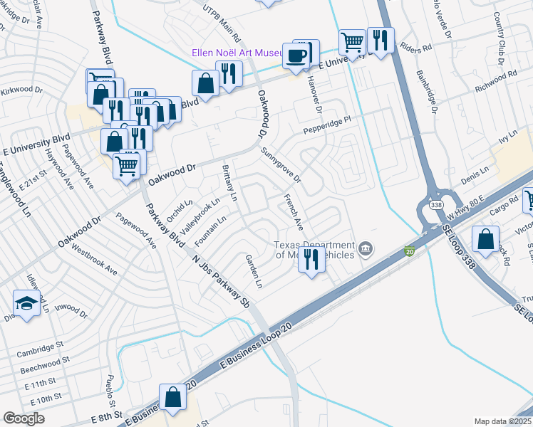 map of restaurants, bars, coffee shops, grocery stores, and more near 30 Preston Oaks Circle in Odessa
