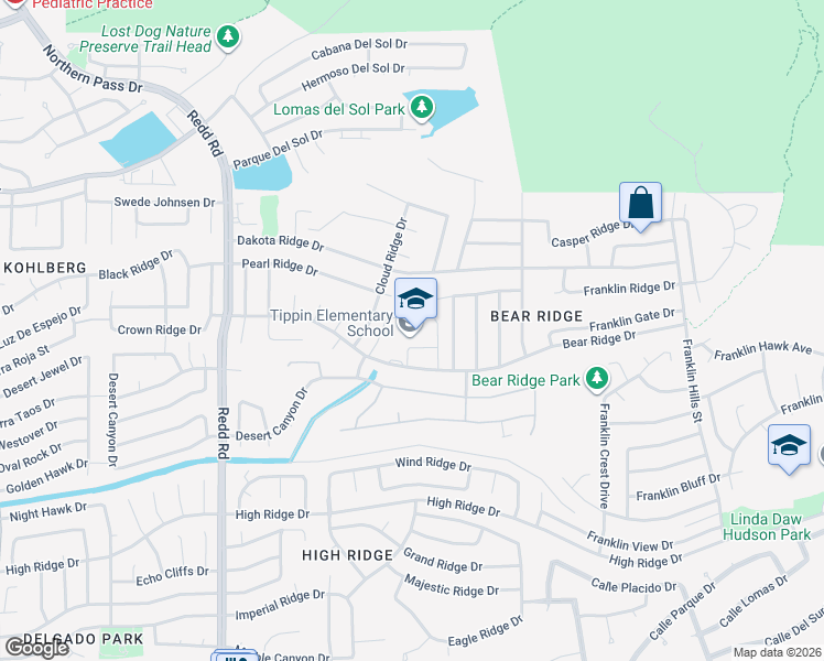 map of restaurants, bars, coffee shops, grocery stores, and more near 6541 Bear Ridge Drive in El Paso