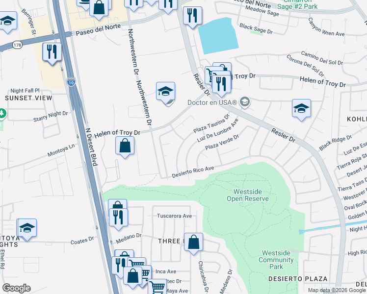 map of restaurants, bars, coffee shops, grocery stores, and more near 7541 Plaza Taurina Drive in El Paso