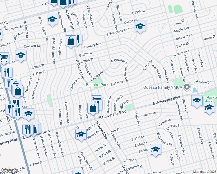 map of restaurants, bars, coffee shops, grocery stores, and more near 2704 East 31st Street in Odessa
