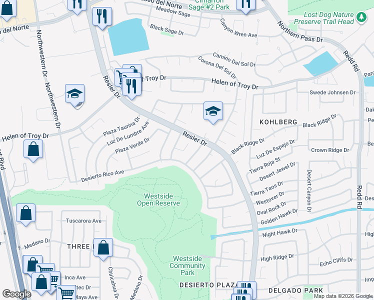 map of restaurants, bars, coffee shops, grocery stores, and more near 1424 Plaza Fatima Court in El Paso
