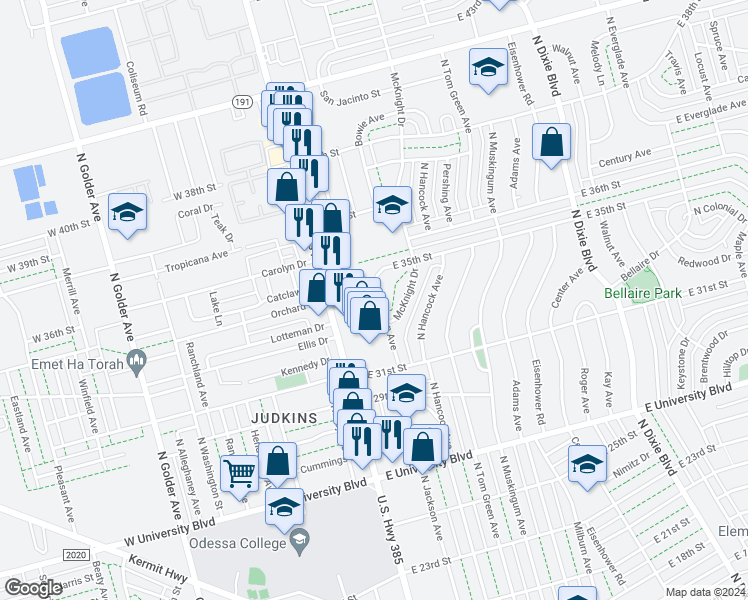 map of restaurants, bars, coffee shops, grocery stores, and more near 3313 North Jackson Avenue in Odessa