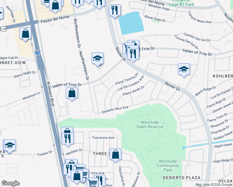 map of restaurants, bars, coffee shops, grocery stores, and more near 7520 Luz De Lumbre Avenue in El Paso