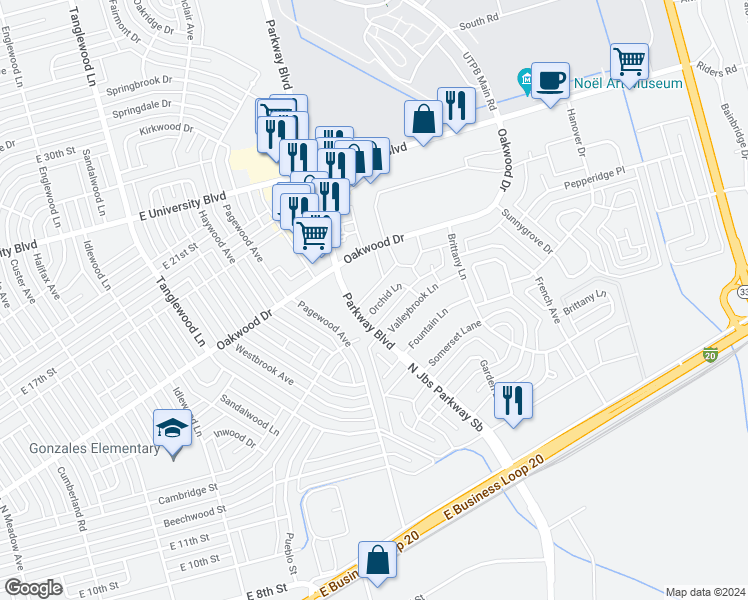 map of restaurants, bars, coffee shops, grocery stores, and more near 4613 Orchid Lane in Odessa