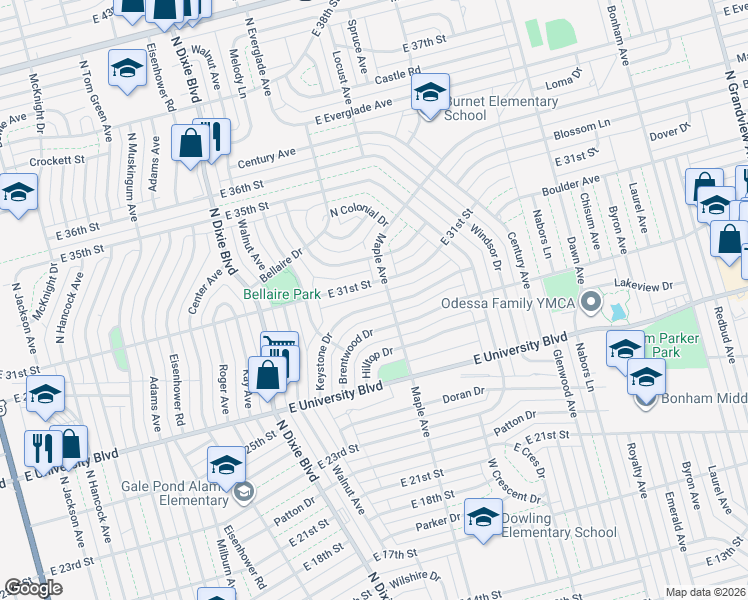 map of restaurants, bars, coffee shops, grocery stores, and more near 2763 Keystone Drive in Odessa