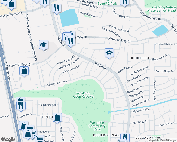 map of restaurants, bars, coffee shops, grocery stores, and more near 7733 Plaza Azul Road in El Paso