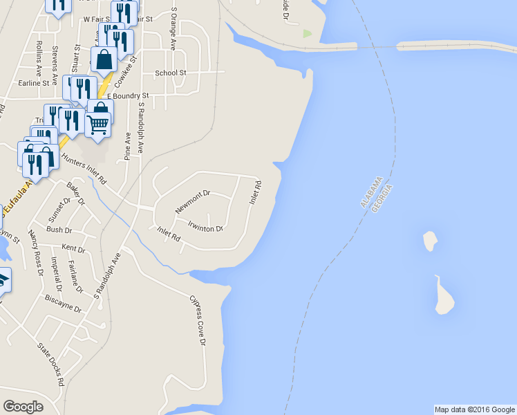 map of restaurants, bars, coffee shops, grocery stores, and more near 556 Inlet Rd in Eufaula