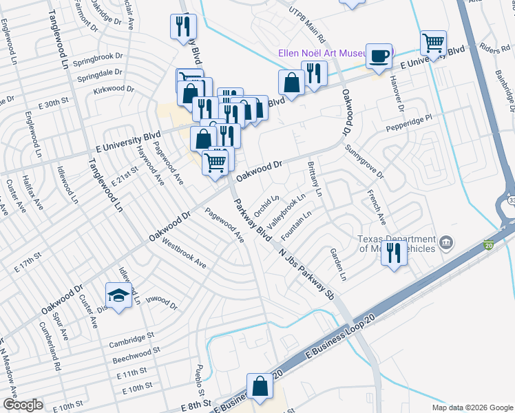 map of restaurants, bars, coffee shops, grocery stores, and more near 4613 Orchid Lane in Odessa