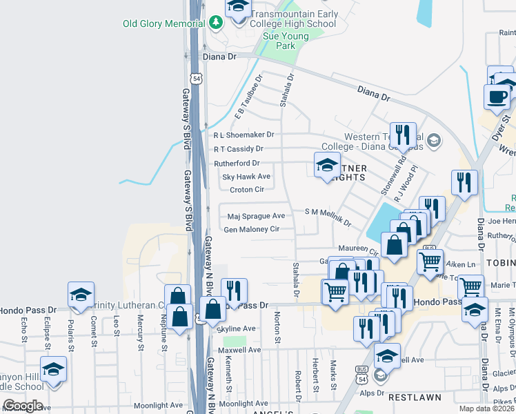 map of restaurants, bars, coffee shops, grocery stores, and more near 4432 Gen Maloney Circle in El Paso
