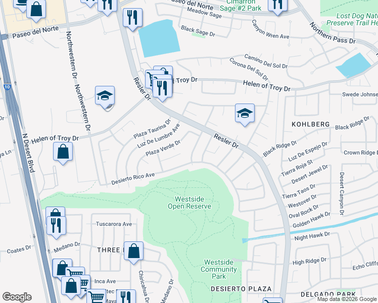 map of restaurants, bars, coffee shops, grocery stores, and more near 7745 Luz De Camino Way in El Paso
