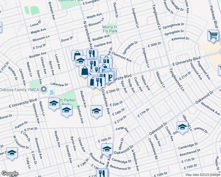map of restaurants, bars, coffee shops, grocery stores, and more near 2600 N Grandview Ave in Odessa