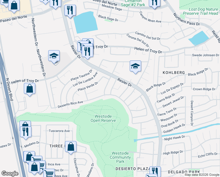 map of restaurants, bars, coffee shops, grocery stores, and more near 7733 Plaza Azul Road in El Paso