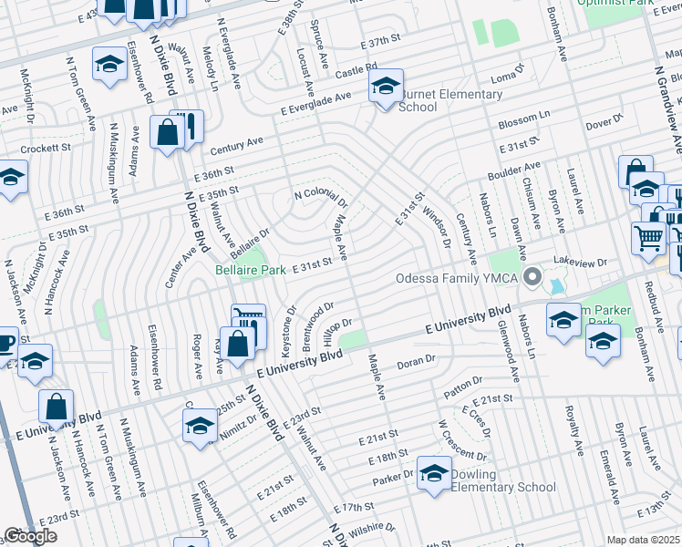 map of restaurants, bars, coffee shops, grocery stores, and more near 2761 Keystone Drive in Odessa