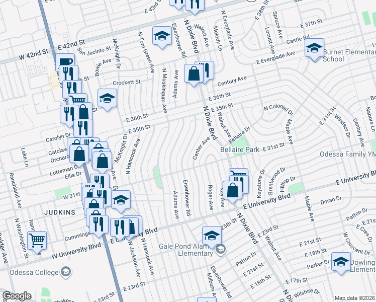 map of restaurants, bars, coffee shops, grocery stores, and more near 3114 Eisenhower Road in Odessa