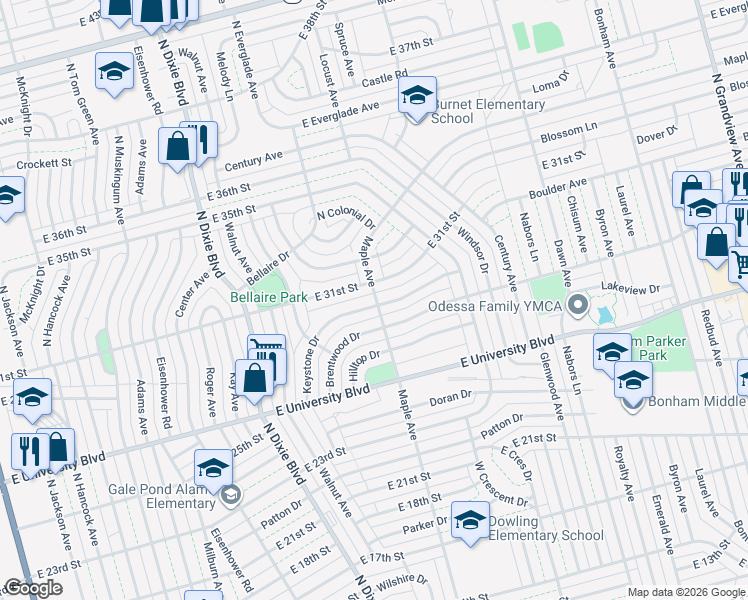 map of restaurants, bars, coffee shops, grocery stores, and more near 2763 Keystone Drive in Odessa