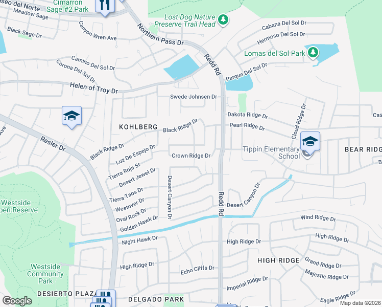map of restaurants, bars, coffee shops, grocery stores, and more near 1401 Cross Ridge Drive in El Paso