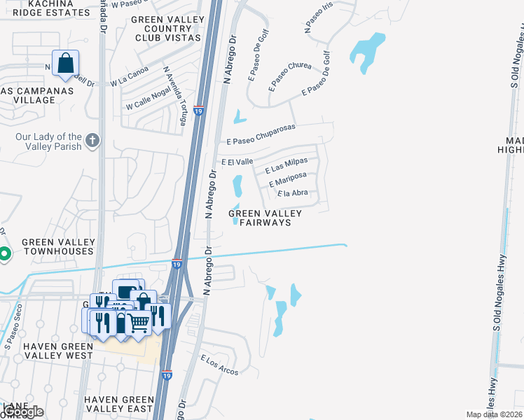 map of restaurants, bars, coffee shops, grocery stores, and more near 251 East Los Rincones in Green Valley