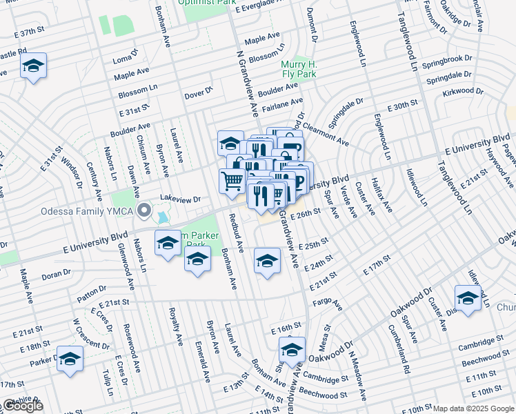 map of restaurants, bars, coffee shops, grocery stores, and more near 2617 N Grandview Ave in Odessa