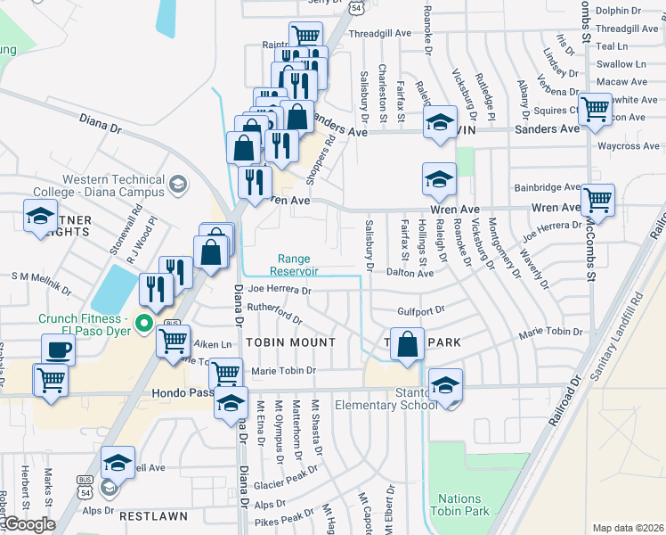 map of restaurants, bars, coffee shops, grocery stores, and more near 5010 Raymond Telles Drive in El Paso