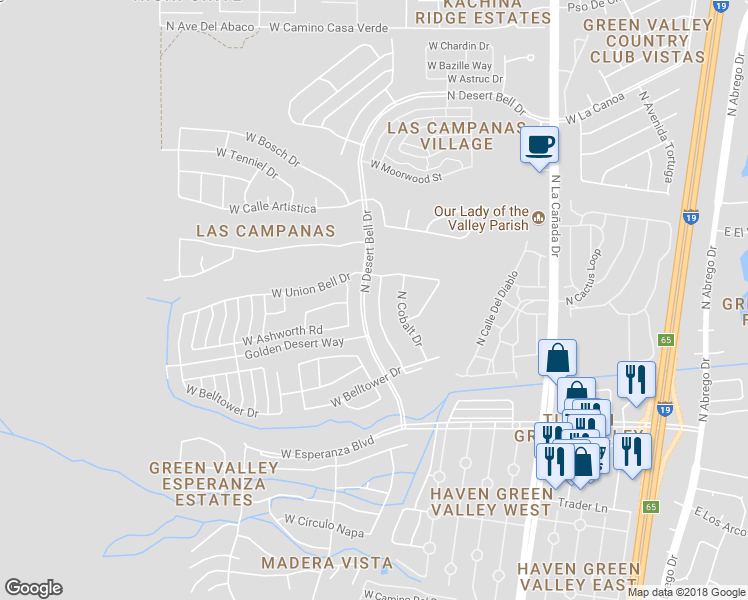 map of restaurants, bars, coffee shops, grocery stores, and more near 297 North Crescent Bell Drive in Green Valley