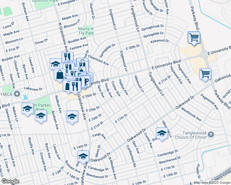 map of restaurants, bars, coffee shops, grocery stores, and more near 2503 Custer Avenue in Odessa