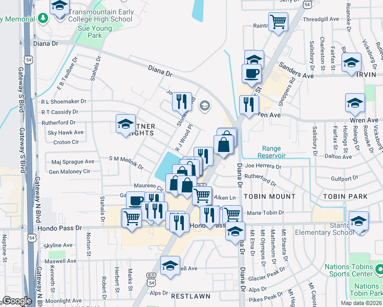 map of restaurants, bars, coffee shops, grocery stores, and more near 9301 West Osborne Road in El Paso