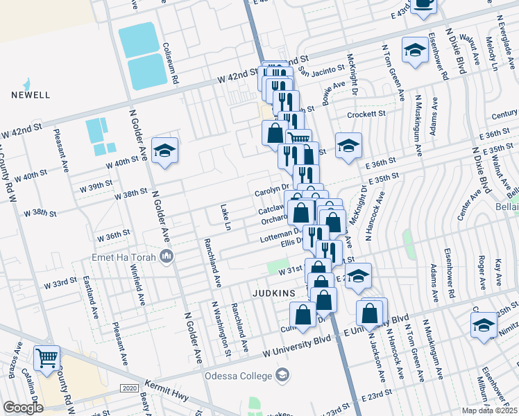 map of restaurants, bars, coffee shops, grocery stores, and more near 210 Catclaw Dr in Odessa